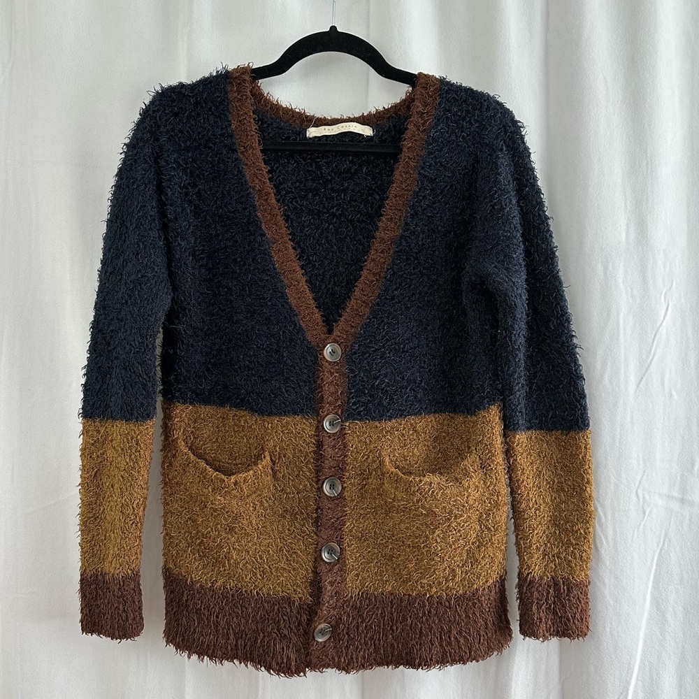 Ray Cassin Navy & Brown Colorblock Button Up Cardigan Sweater Womens Size Medium